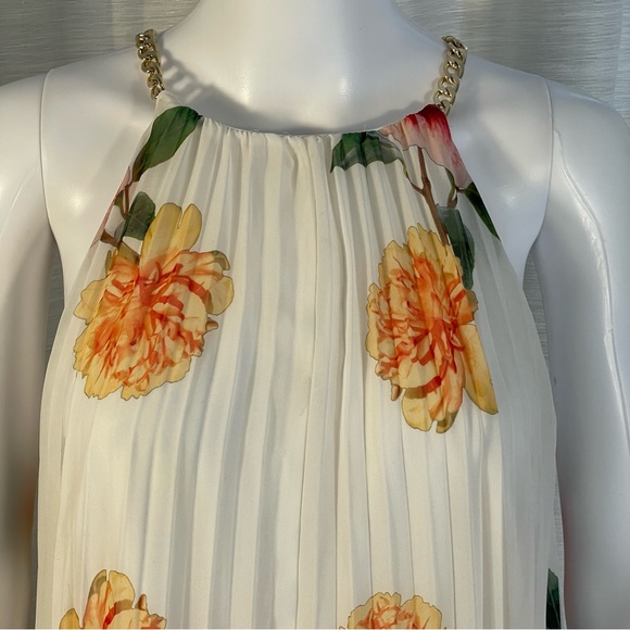 Alex Marie Ivory Floral Pleated Hi Low Gold Chain Strap Maxi Dress Sz 12 - Picture 2 of 11